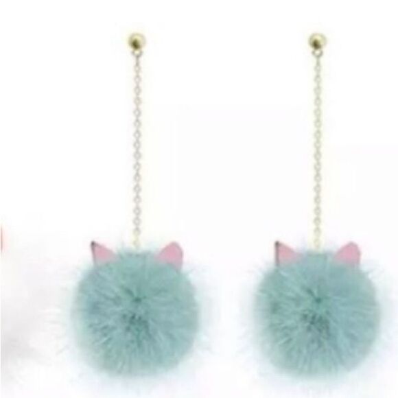 Teal Mink Fur Pom Pom Cat Ears Gold Dangle Earrings -NEW - Picture 2 of 4
